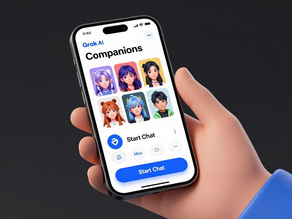 A realistic 3D render of a user's hand holding an iPhone screen displaying the Grok AI "Companions" menu, featuring colorful anime character portraits and a "Start Chat" button. A realistic 3D render of a user's hand holding an iPhone screen displaying the Grok AI "Companions" menu, featuring colorful anime character portraits and a "Start Chat" button.