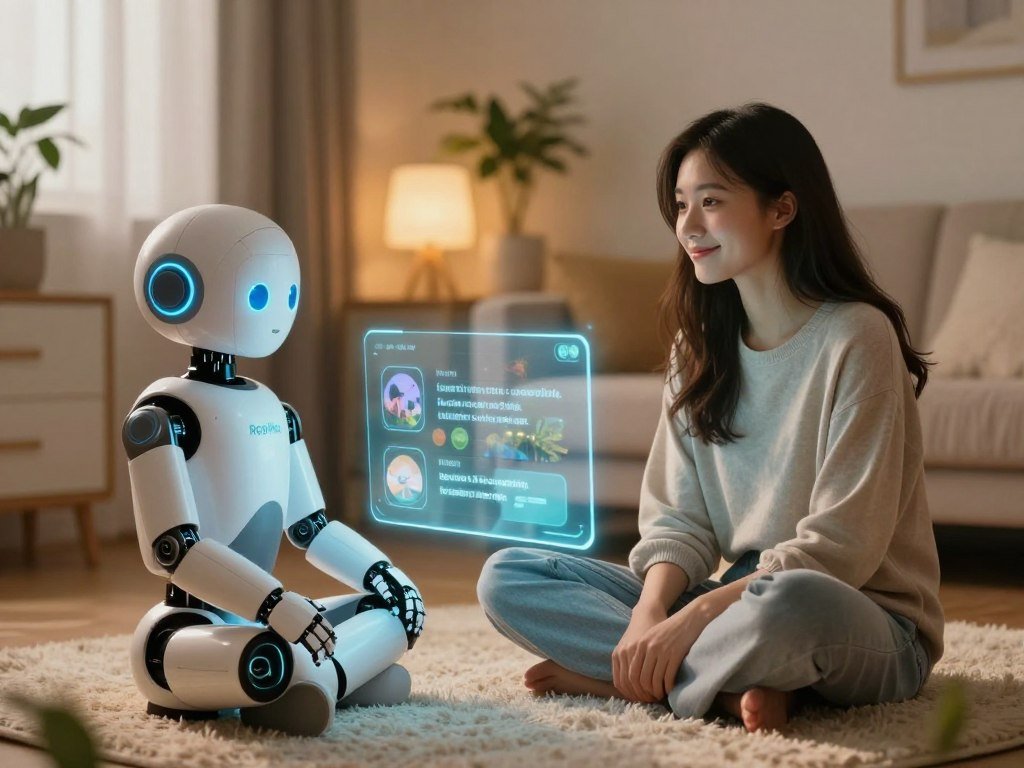 A serene and cozy digital space showcasing a Replika AI friend providing emotional support. In the foreground, a friendly humanoid robot with warm, glowing features gently observes a young woman sitting cross-legged on a soft, plush rug. The woman, dressed in comfortable, modest casual clothing, appears engaged and comforted, softly smiling. In the middle, a glowing holographic interface displays calming visuals, such as soothing nature scenes and encouraging affirmations, enhancing the atmosphere of support and mental wellness. In the background, a softly lit room with warm ambient lighting emanates a sense of tranquility, filled with calming plants and soft textures. The overall mood is serene and inviting, conveying a deep sense of companionship and emotional growth.