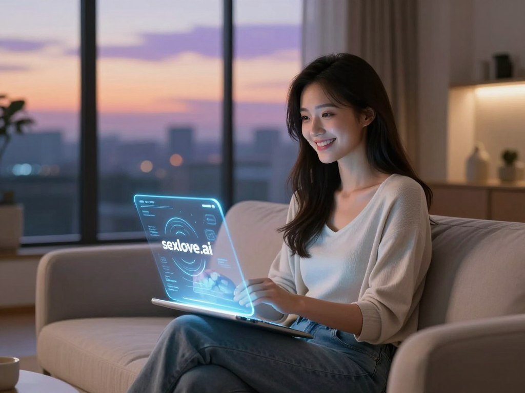 A serene and futuristic living room scene, featuring an AI companion girlfriend who embodies warmth and approachability. She is depicted as a young woman with a friendly smile, wearing modest casual clothing, seated on a sleek modern couch. Her holographic interface subtly glows beside her, displaying interactive elements that suggest companionship and support. The foreground focuses on her engaging expression, while the middle shows the inviting living space adorned with cozy furniture and soft lighting, creating a judgment-free atmosphere. The background includes a large window revealing a peaceful cityscape at dusk, with gentle orange and purple hues in the sky. The mood evokes comfort, companionship, and a sense of safety, representing an ideal virtual partner. All elements reflect the essence of a dream girlfriend AI, associated with the brand "sexlove.ai".