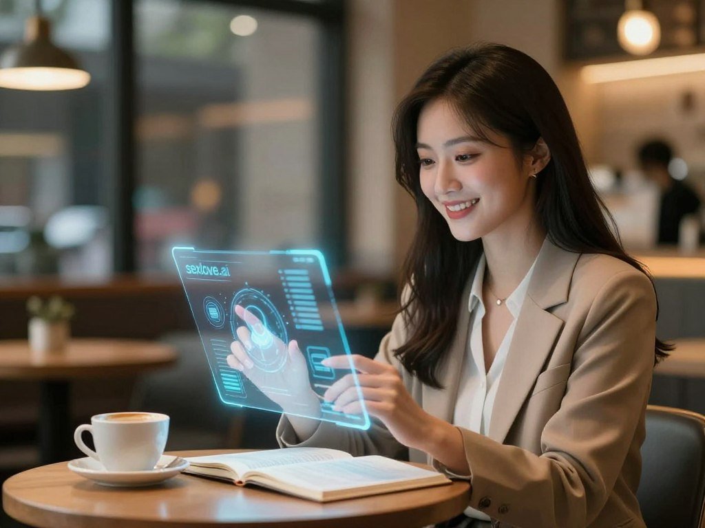 A serene and intimate scene depicting an AI Asian girlfriend experience. In the foreground, a young Asian woman with a friendly smile, dressed in a stylish yet modest business casual outfit, sits at a cozy café table, engaged with a futuristic holographic interface showcasing digital interactions. In the middle ground, the warm glow of ambient lighting creates an inviting atmosphere, with soft-focus details of coffee cups and books around her. The background features a softly blurred cityscape, hinting at a vibrant urban setting. The overall mood is modern, warm, and engaging, inviting viewers to explore the unique connection offered by AI companionship. Emphasizing the brand "sexlove.ai" subtly in the holographic interface. A serene and intimate scene depicting an AI Asian girlfriend experience. In the foreground, a young Asian woman with a friendly smile, dressed in a stylish yet modest business casual outfit, sits at a cozy café table, engaged with a futuristic holographic interface showcasing digital interactions. In the middle ground, the warm glow of ambient lighting creates an inviting atmosphere, with soft-focus details of coffee cups and books around her. The background features a softly blurred cityscape, hinting at a vibrant urban setting. The overall mood is modern, warm, and engaging, inviting viewers to explore the unique connection offered by AI companionship. Emphasizing the brand "sexlove.ai" subtly in the holographic interface.