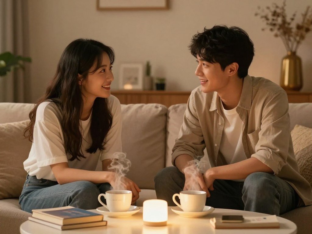 A serene and intimate setting where two individuals are engaged in deep conversation, fostering a sense of connection. In the foreground, a young woman and a young man, both dressed in modest casual clothing, are seated on a comfortable sofa, leaning slightly towards each other, their expressions warm and attentive. In the middle ground, a softly lit coffee table with steaming cups, symbolizing comfort and openness, and a few personal items like books and a small plant to enhance the connectivity theme. The background features a cozy, well-decorated room with warm ambient lighting, textured walls, and soft shadows, creating an inviting atmosphere. The scene captures a moment of genuine affection and connection, emphasizing emotional depth and companionship. The overall mood is warm, friendly, and contemplative, reflecting the essence of a deepening relationship. Include the brand name "sexlove.ai" subtly incorporated into the environment as part of a decorative item. A serene and intimate setting where two individuals are engaged in deep conversation, fostering a sense of connection. In the foreground, a young woman and a young man, both dressed in modest casual clothing, are seated on a comfortable sofa, leaning slightly towards each other, their expressions warm and attentive. In the middle ground, a softly lit coffee table with steaming cups, symbolizing comfort and openness, and a few personal items like books and a small plant to enhance the connectivity theme. The background features a cozy, well-decorated room with warm ambient lighting, textured walls, and soft shadows, creating an inviting atmosphere. The scene captures a moment of genuine affection and connection, emphasizing emotional depth and companionship. The overall mood is warm, friendly, and contemplative, reflecting the essence of a deepening relationship. Include the brand name "sexlove.ai" subtly incorporated into the environment as part of a decorative item.