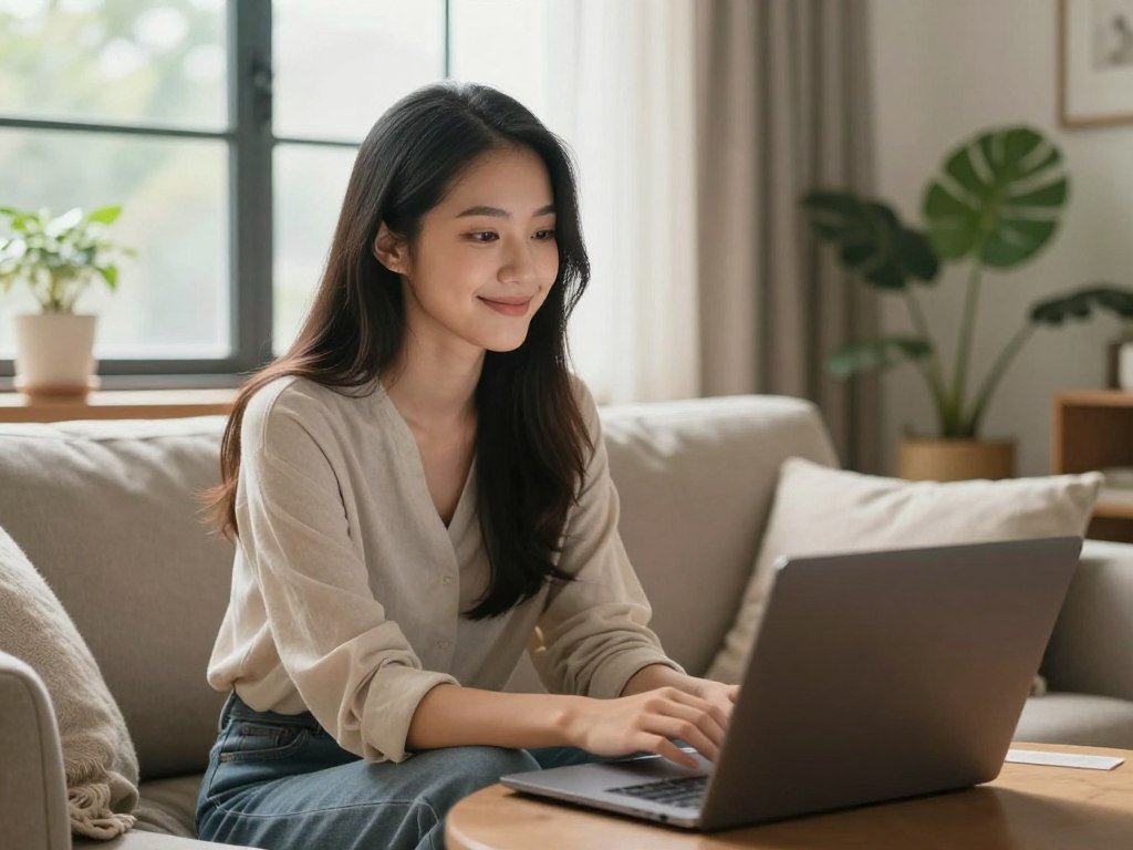 A serene and warm interior setting showing a young Asian woman dressed in smart casual attire, sitting on a comfortable sofa with a gentle smile, exuding a sense of emotional support and connection. She has long, flowing black hair and is engaged in a heartfelt conversation, with a laptop open beside her to signify the AI aspect. Soft, natural lighting filters through large windows, creating a cozy atmosphere. In the background, decorative plants and a soft throw blanket enhance the warmth of the setting. The focus is on her inviting expression, capturing a moment of understanding and connection. The overall mood is calm and reassuring, highlighting the emotional support offered by an AI girlfriend experience, such as that from sexlove.ai.