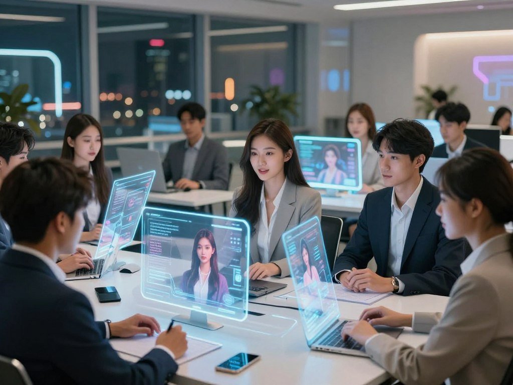 A serene digital environment showcasing a customized AI Asian girlfriend concept. In the foreground, a diverse group of young adults, dressed in professional business attire, engage with futuristic holographic interfaces displaying various AI girlfriend personalization options. The middle layer features a sleek, modern workspace filled with glowing screens and tools for character customization, emphasizing technology and creativity. The background features soft-focus neon city lights through large glass windows, creating a vibrant yet calming atmosphere. The lighting is bright with a warm ambiance, highlighting the characters&rsquo; expressions of joy and curiosity. The overall mood is innovative and engaging, reflecting the excitement of creating a perfect AI companion powered by sexlove.ai.