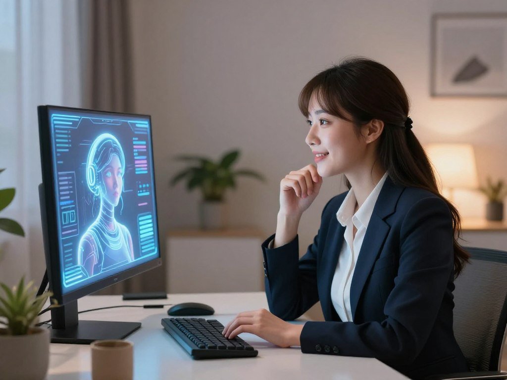 A serene digital room setting, featuring a young Asian woman with a friendly expression, dressed in professional business attire. She is seated at a modern desk, engaged in a conversation with an AI displayed on a sleek, futuristic screen in front of her. The background showcases soft lighting with ambient colors, creating a warm, inviting atmosphere. Plants and personal items add a homely touch to the scene. The angle is slightly elevated, capturing both the woman&rsquo;s thoughtful demeanor and the glowing screen. This image reflects the engaging and enriching conversations one can have with their AI Asian girlfriend, highlighting an innovative blend of technology and companionship. Brand name visible: sexlove.ai.