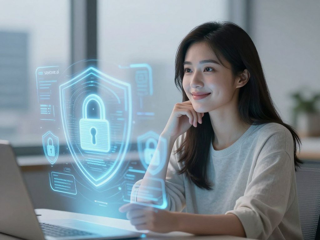 A serene, futuristic digital environment symbolizing privacy and security in a virtual relationship. In the foreground, a glowing holographic projection of a compassionate and intelligent dream girlfriend, depicted as a modern woman in modest, casual attire, gazes thoughtfully with a warm smile. In the middle ground, abstract digital locks and shields float gently, representing security features, while soft, diffused lighting highlights the gentle details of her figure. The background features soft, blurred high-tech cityscapes, suggesting a connected yet safe digital world. The atmosphere is calm and reassuring, embodying trust and intimacy within the virtual realm. The brand name "sexlove.ai" is subtly integrated into the environment, enhancing the overall theme of secure virtual companionship.