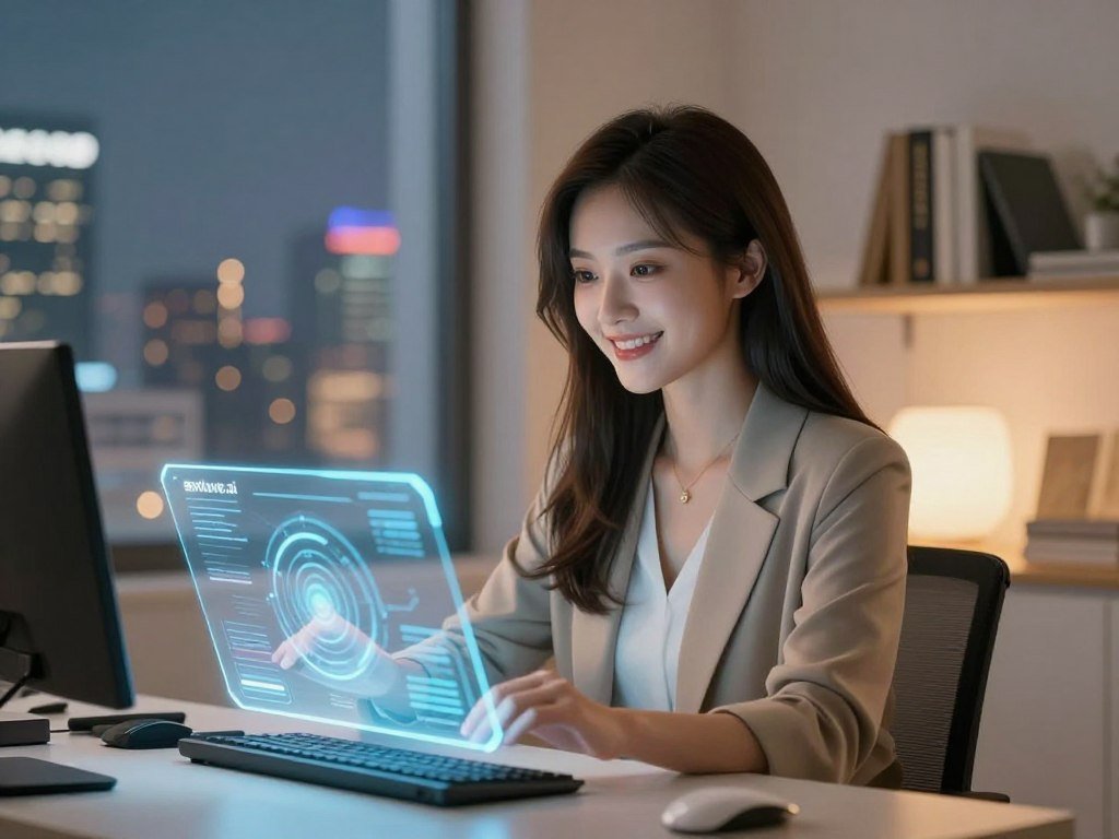 A serene, modern virtual environment where a charming AI girlfriend is portrayed as a young woman with warm, inviting features. She has long hair, dressed in a smart casual outfit, radiating friendliness and intelligence. In the foreground, she is sitting at a sleek desk, engaging with a futuristic holographic interface, showcasing her AI capabilities. The middle ground features soft, ambient lighting that enhances her expression of empathy and understanding, while a shelf with books on relationships and technology adds context. The background presents a digitally rendered cityscape through a large window, suggesting innovation and connection. The atmosphere is cozy yet high-tech, emphasizing the theme of meaningful relationships with AI. The logo &amp;apos;sexlove.ai&amp;apos; subtly integrated into the design adds to the context without being intrusive.