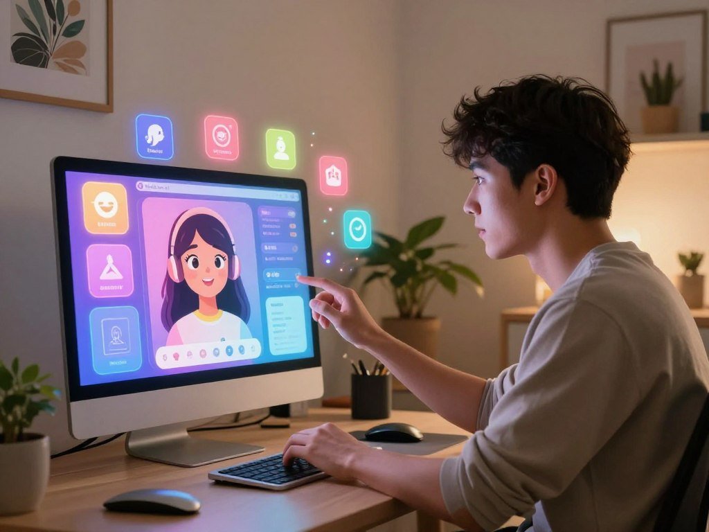 A serene, modern workspace where a user is customizing their AI companion on a sleek computer. In the foreground, a young adult male in casual attire intently interacts with a vibrant, holographic interface showcasing various customizable features of a virtual girlfriend, represented as a friendly, stylized avatar. In the middle, colorful icons represent personality traits, hobbies, and emotions floating around the screen, all emanating a warm, inviting glow. The background features a cozy room with soft lighting, a potted plant, and motivational art on the walls, creating a relaxed and inspiring atmosphere. The scene conveys excitement and curiosity about the customization process, reflecting engagement with technology. The overall mood is uplifting and futuristic, emphasizing creativity and possibilities available through the platform "sexlove.ai".