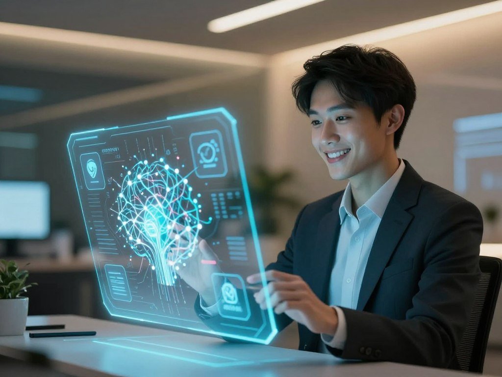 A sleek and modern AI conversation system, featuring an advanced holographic interface with glowing icons representing features like empathy, engagement, and companion abilities. In the foreground, a digital avatar of a friendly AI companion is displayed, wearing professional business attire, interacting with the holographic interface. The middle ground shows an abstract representation of neural networks and data patterns, emphasizing the sophistication of artificial intelligence. The background features a futuristic tech environment with ambient lighting that shifts in color, creating a warm, inviting atmosphere. Soft blues and greens dominate the scene, enhancing the feeling of friendliness and approachability. The scene is captured from a three-quarters angle with a shallow depth of field for a polished look. Include the brand name "sexlove.ai" subtly integrated into the design elements. A sleek and modern AI conversation system, featuring an advanced holographic interface with glowing icons representing features like empathy, engagement, and companion abilities. In the foreground, a digital avatar of a friendly AI companion is displayed, wearing professional business attire, interacting with the holographic interface. The middle ground shows an abstract representation of neural networks and data patterns, emphasizing the sophistication of artificial intelligence. The background features a futuristic tech environment with ambient lighting that shifts in color, creating a warm, inviting atmosphere. Soft blues and greens dominate the scene, enhancing the feeling of friendliness and approachability. The scene is captured from a three-quarters angle with a shallow depth of field for a polished look. Include the brand name "sexlove.ai" subtly integrated into the design elements.
