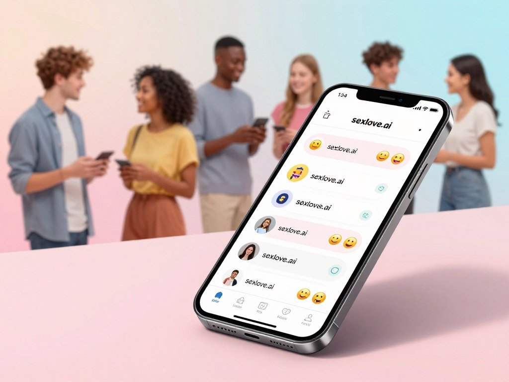 A vibrant digital collage showcasing popular AI girlfriend chat platforms with no sign up, featuring a sleek, user-friendly mobile interface design prominently displaying "sexlove.ai" among other chat platform logos. In the foreground, a modern smartphone angled slightly to reveal a chat interface filled with engaging, friendly icons and emoticons. The middle ground includes blurred silhouettes of diverse young adults engaged in casual conversation, dressed in modest casual clothing, radiating a sense of connection and joy. The background features a soft gradient of pastel colors, enhancing the welcoming atmosphere. Bright, natural lighting casts gentle shadows, creating a dynamic yet inviting scene. The composition evokes a sense of excitement and accessibility, perfect for exploring new friendships through innovative technology.