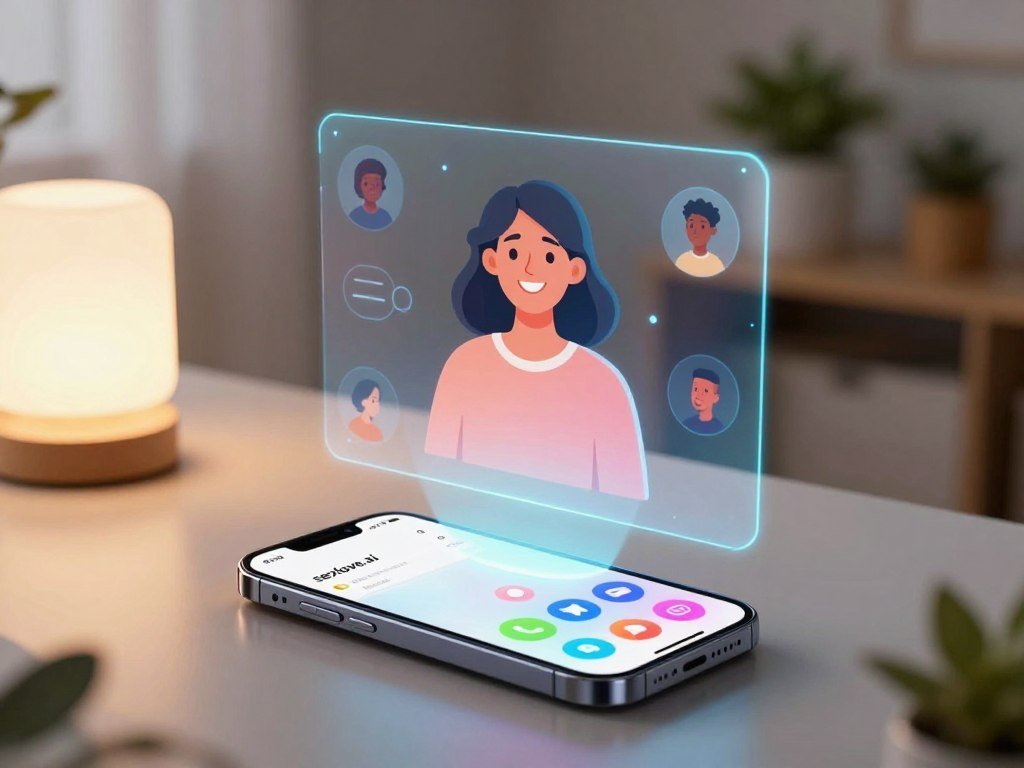A vibrant digital workspace showcasing the concept of AI communication. In the foreground, a sleek, modern smartphone is displayed on a polished desk, featuring a user-friendly interface with vibrant calling, photo, and video message icons. A warm glow from a nearby soft lamp creates a cozy atmosphere. In the middle ground, a holographic projection of a diverse, friendly virtual partner appears, smiling and emanating a soft light, suggesting warmth and approachability. The background features a subtly blurred home setting with plants and calming decor, creating a relaxed and inviting environment. The image should convey an atmosphere of connection and innovation, reflecting the essence of "sexlove.ai". Use soft, natural lighting and a slightly elevated angle for a polished look.