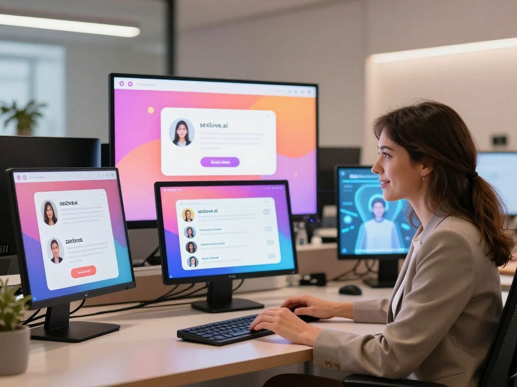 A vibrant digital workspace showcasing the interface of a free AI girlfriend app, prominently featuring the brand name "sexlove.ai." In the foreground, a well-dressed professional woman in her 30s interacts with a holographic AI companion, both appearing engaged in a friendly conversation. The middle ground highlights various devices displaying the app on different screens, illustrating its accessibility. The background includes a modern office setting with soft lighting, emphasizing a user-friendly atmosphere. Warm colors evoke a sense of comfort and connection, while a subtle bokeh effect adds depth. The image captures a mood of innovation and companionship, reflecting the future of meaningful relationships through technology in 2026.