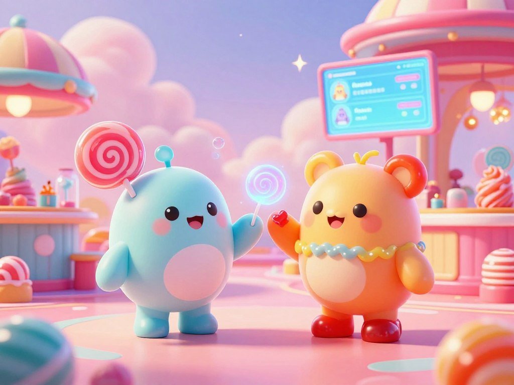 A vibrant illustration of Candy AI characters, representing friendly virtual companions from sexlove.ai. In the foreground, feature two charming, candy-themed characters with bright pastel colors, styled as playful humanoids, each with unique candy accessories&mdash;one with a lollipop head and the other adorned with gummy bear-like features. In the middle ground, create a colorful futuristic caf&eacute; setting with candy-shaped furniture and holographic screens displaying customization options for the characters. In the background, a softly lit digital landscape of swirling candy clouds and sparkles, enhancing the whimsical atmosphere. The lighting should be warm and inviting, creating a cheerful mood. Use a wide-angle lens perspective to capture the dynamic interaction between the characters and their environment, ensuring a balance of fun and creativity in the scene.
