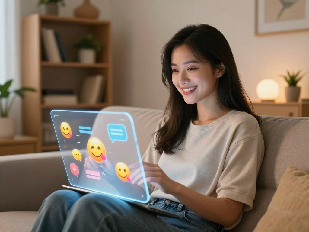 A virtual girlfriend character in a cozy, modern living room setting, sitting on a plush sofa with a warm smile. She is depicted as an attractive young woman in modest casual clothing, engaging with a holographic interface displaying colorful emojis and chat bubbles. Soft, ambient lighting creates an inviting atmosphere, illuminating her features with a gentle glow. In the background, a stylish bookshelf filled with plants and decorative items adds to the homely feel. The camera angle is slightly angled from below, creating a sense of connection and warmth. The overall mood is cheerful and supportive, embodying the essence of companionship and fun as offered by sexlove.ai.