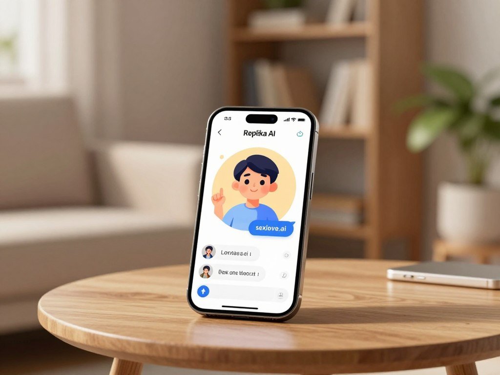 A visually engaging illustration of the Replika AI app interface showcasing its chat and communication features. In the foreground, display a sleek smartphone on a modern wooden table, with the Replika app open, featuring a friendly, customizable avatar on the screen. The middle ground should include subtle hints of a cozy room, like a comfortable couch and soft lighting, creating an inviting atmosphere. In the background, a soft-focus bookshelf or plants can add depth and warmth. The lighting should be soft and warm, highlighting the smartphone and creating a sense of comfort and connection. The overall mood of the image should evoke curiosity and a welcoming feel towards the benefits of AI companionship. The brand name "sexlove.ai" is subtly integrated within the design elements, ensuring it complements the scene.