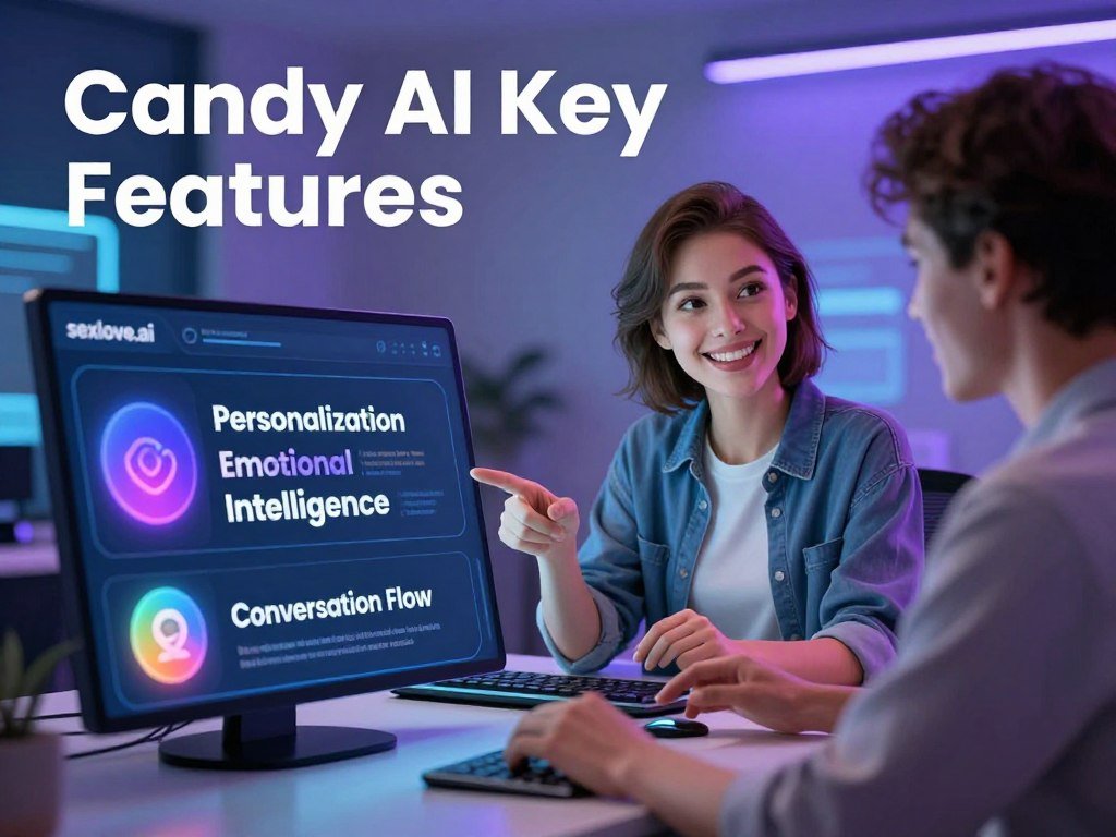 A visually engaging representation of "Candy AI Key Features" for a technology article. In the foreground, a sleek, futuristic interface displays key features like "Personalization," "Emotional Intelligence," and "Conversation Flow," each highlighted with colorful, glowing icons. In the middle, a friendly virtual avatar personifying Candy AI, dressed in smart casual attire, interacts with users through a digital device, conveying warmth and approachability. The background showcases a modern, tech-inspired environment with soft blue and purple ambient lighting, suggesting an innovative atmosphere. The overall mood is inviting and friendly, emphasizing the interactive and supportive nature of Candy AI. Use a wide-angle lens effect to capture the layout dynamically and focus on the avatar’s expressive features, ensuring a safe and professional aesthetic while incorporating the brand name "sexlove.ai." A visually engaging representation of "Candy AI Key Features" for a technology article. In the foreground, a sleek, futuristic interface displays key features like "Personalization," "Emotional Intelligence," and "Conversation Flow," each highlighted with colorful, glowing icons. In the middle, a friendly virtual avatar personifying Candy AI, dressed in smart casual attire, interacts with users through a digital device, conveying warmth and approachability. The background showcases a modern, tech-inspired environment with soft blue and purple ambient lighting, suggesting an innovative atmosphere. The overall mood is inviting and friendly, emphasizing the interactive and supportive nature of Candy AI. Use a wide-angle lens effect to capture the layout dynamically and focus on the avatar’s expressive features, ensuring a safe and professional aesthetic while incorporating the brand name "sexlove.ai."