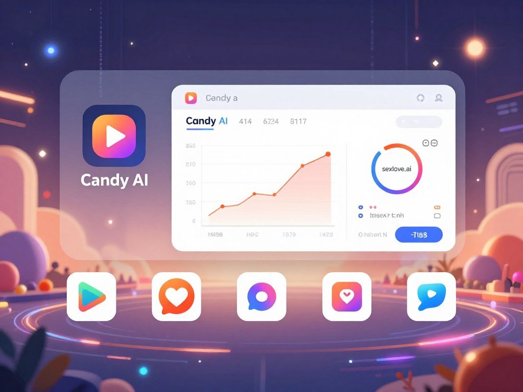 A visually striking digital illustration showcasing a comparison of Candy AI and its competitors, focusing on features and user experiences. In the foreground, create icons or representations of various platforms, including Candy AI, sexlove.ai, and others, arranged neatly on a futuristic interface. The middle ground should depict a sleek, user-friendly interface with graphs and metrics, symbolizing performance and engagement. The background features a vibrant, abstract digital landscape that conveys a high-tech atmosphere, with glowing lines and data streams flowing throughout. Use soft, diffused lighting to create a warm and inviting mood, with a slight focus on the Candy AI icon to highlight its distinctions. Aim for a modern, professional aesthetic that resonates with users seeking intimate yet friendly virtual experiences.