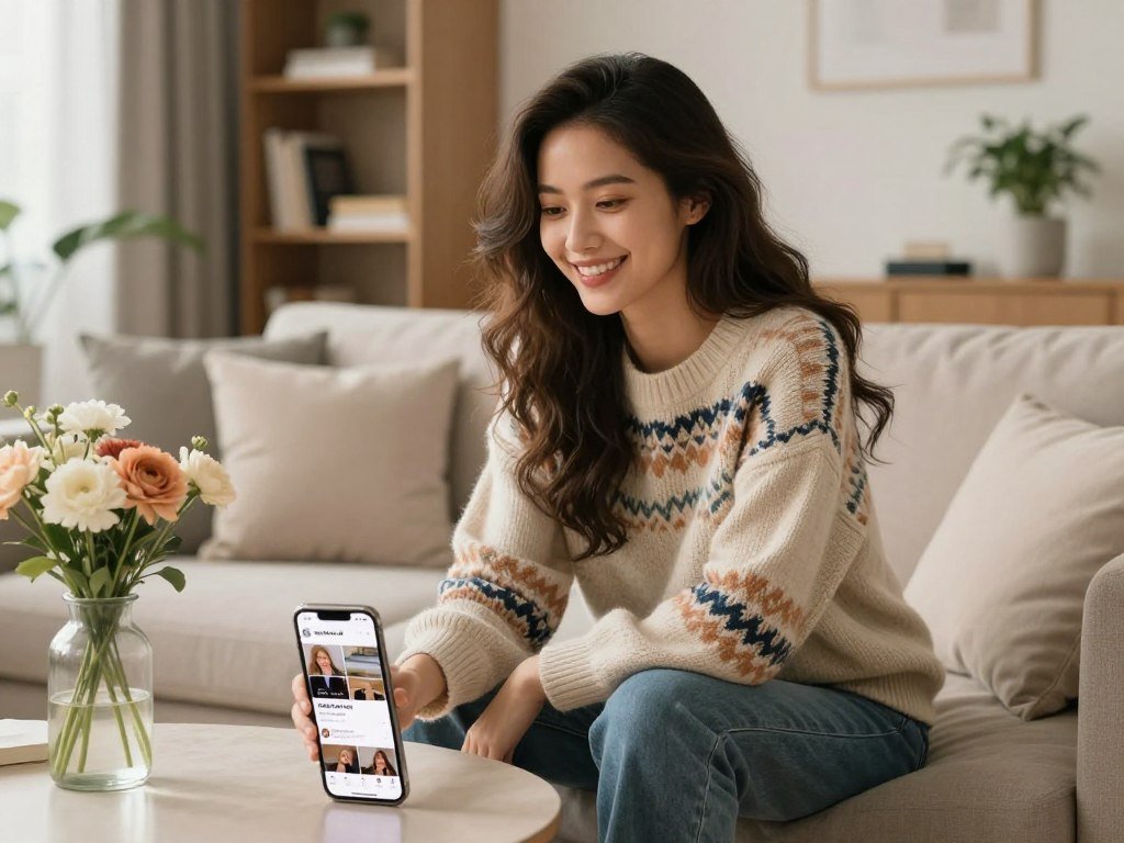 Aesthetic photo of an AI girlfriend characterized by a stylish woman with long wavy hair, wearing a casual chic outfit suitable for social media, like a fashionable sweater and jeans. She is sitting comfortably in a cozy, well-decorated modern living room with soft, warm lighting illuminating her face, creating a serene atmosphere. In the foreground, a nicely arranged coffee table with a vase of fresh flowers and a trendy smartphone displaying a social media feed. The middle ground features stylish furniture, while the background is softly blurred with an elegant bookshelf and indoor plants. The overall mood is inviting, friendly, and approachable, perfect for engaging social media content. Focus on capturing her genuine smile and relaxed demeanor, reflecting a perfect blend of beauty and warmth, representing the brand "sexlove.ai". Aesthetic photo of an AI girlfriend characterized by a stylish woman with long wavy hair, wearing a casual chic outfit suitable for social media, like a fashionable sweater and jeans. She is sitting comfortably in a cozy, well-decorated modern living room with soft, warm lighting illuminating her face, creating a serene atmosphere. In the foreground, a nicely arranged coffee table with a vase of fresh flowers and a trendy smartphone displaying a social media feed. The middle ground features stylish furniture, while the background is softly blurred with an elegant bookshelf and indoor plants. The overall mood is inviting, friendly, and approachable, perfect for engaging social media content. Focus on capturing her genuine smile and relaxed demeanor, reflecting a perfect blend of beauty and warmth, representing the brand "sexlove.ai".