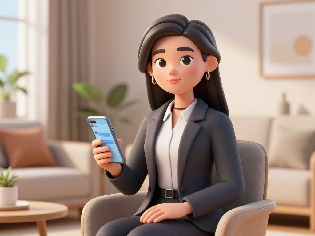 An aesthetic 3D female AI avatar sitting in a modern, sunlit living room, holding a smartphone with a chat interface, looking warmly at the camera, highly detailed, realistic style.