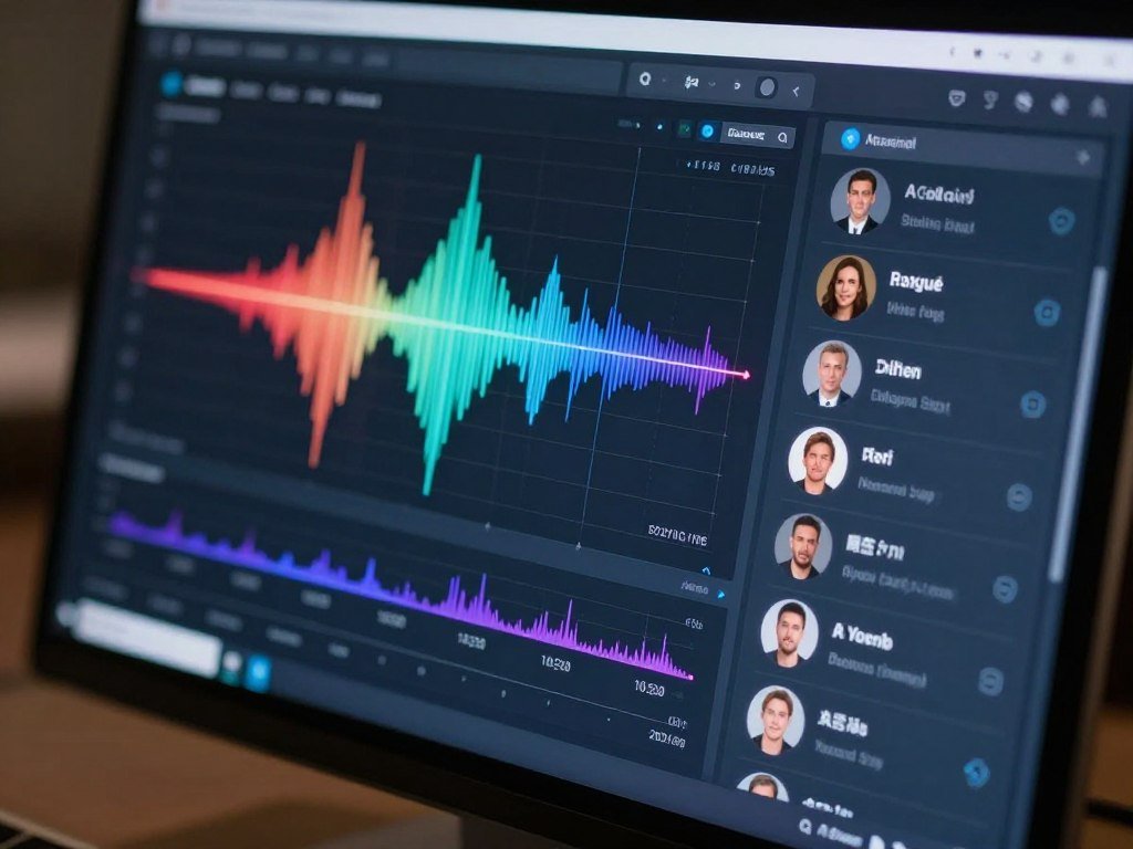 Close-up of a sleek AI voice generation dashboard on a computer screen, displaying colorful sound frequency waves and a list of feminine character voices, cinematic lighting, 4k resolution. Close-up of a sleek AI voice generation dashboard on a computer screen, displaying colorful sound frequency waves and a list of feminine character voices, cinematic lighting, 4k resolution.
