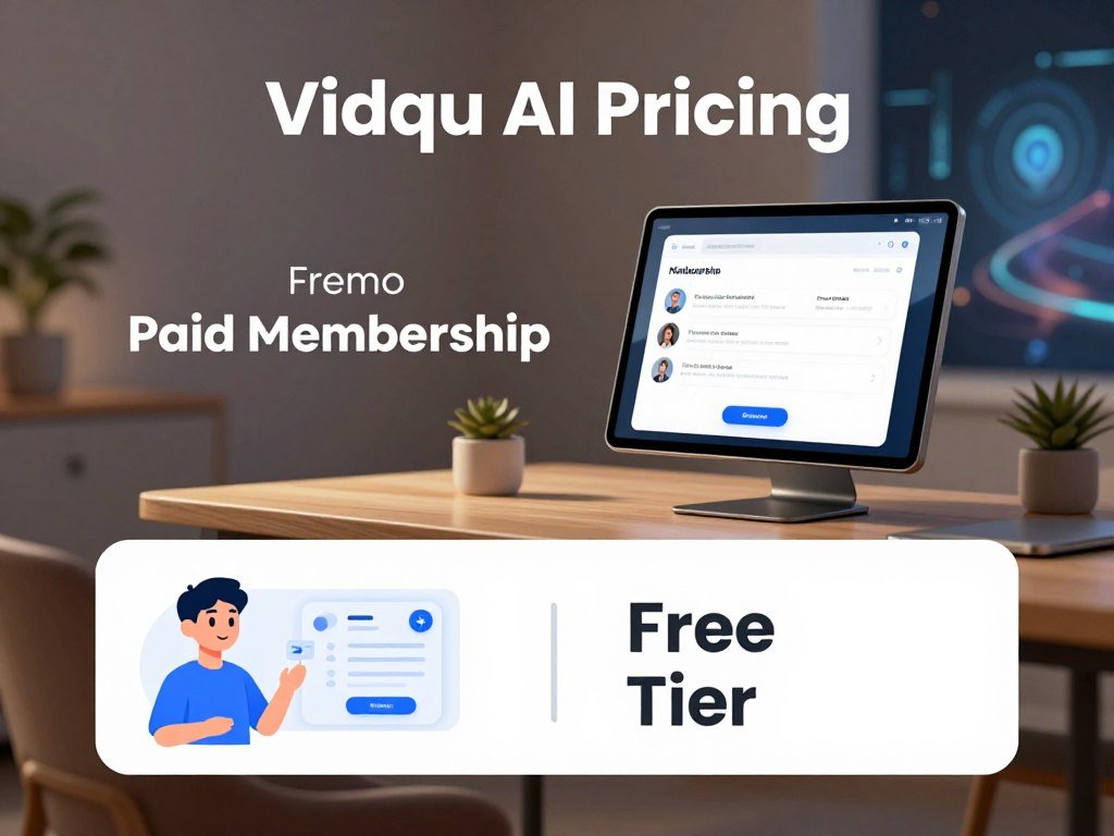 Create a visually engaging comparison image depicting the "Vidqu AI Pricing." In the foreground, illustrate two clear sections: one representing the "Free Tier" with an inviting, relaxed atmosphere, featuring a friendly virtual assistant avatar demonstrating accessibility and simplicity. In the middle ground, visualize the "Paid Membership," showcasing a sophisticated, professional environment that highlights premium features, with a sleek interface on a modern device. Use soft, warm lighting to evoke a sense of innovation and comfort. The background should be a subtle blend of technology and virtual landscapes, suggesting endless possibilities in a digital realm. Capture the essence of a modern virtual experience, ensuring a clean, professional aesthetic without any text or overlays. Create a visually engaging comparison image depicting the "Vidqu AI Pricing." In the foreground, illustrate two clear sections: one representing the "Free Tier" with an inviting, relaxed atmosphere, featuring a friendly virtual assistant avatar demonstrating accessibility and simplicity. In the middle ground, visualize the "Paid Membership," showcasing a sophisticated, professional environment that highlights premium features, with a sleek interface on a modern device. Use soft, warm lighting to evoke a sense of innovation and comfort. The background should be a subtle blend of technology and virtual landscapes, suggesting endless possibilities in a digital realm. Capture the essence of a modern virtual experience, ensuring a clean, professional aesthetic without any text or overlays.