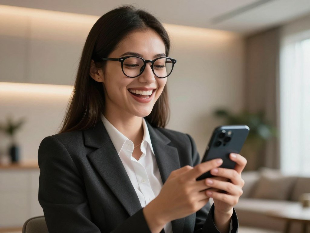 Digital art of a young, intelligent-looking woman with glasses laughing heartily at a text on her phone, blurred apartment background, warm lighting, hyper-realistic, 4k. Digital art of a young, intelligent-looking woman with glasses laughing heartily at a text on her phone, blurred apartment background, warm lighting, hyper-realistic, 4k.
