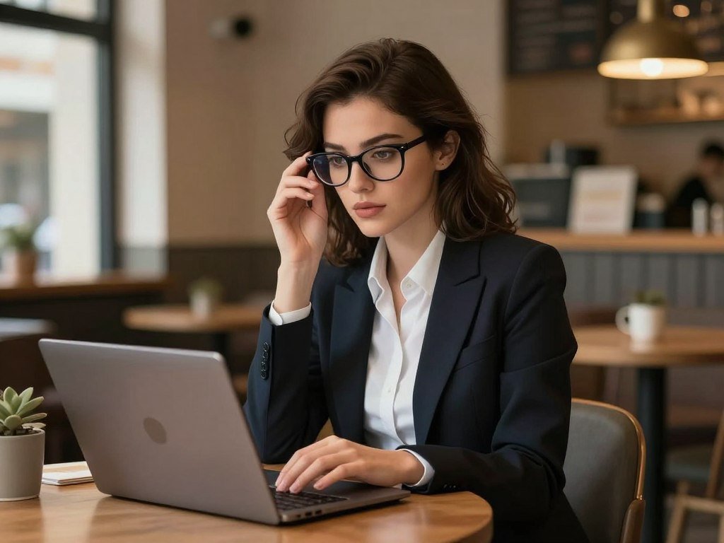 Digital illustration of a clever-looking woman with glasses and a playful smirk, sitting in a cozy cafe with a laptop, cinematic lighting, highly detailed, realistic style. Digital illustration of a clever-looking woman with glasses and a playful smirk, sitting in a cozy cafe with a laptop, cinematic lighting, highly detailed, realistic style.
