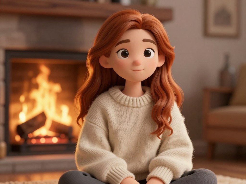 High-quality 3D render of a beautiful AI girlfriend with soft features, long chestnut hair, wearing a cozy oversized sweater, sitting by a fireplace, realistic skin texture, warm cinematic lighting, 8k resolution. High-quality 3D render of a beautiful AI girlfriend with soft features, long chestnut hair, wearing a cozy oversized sweater, sitting by a fireplace, realistic skin texture, warm cinematic lighting, 8k resolution.