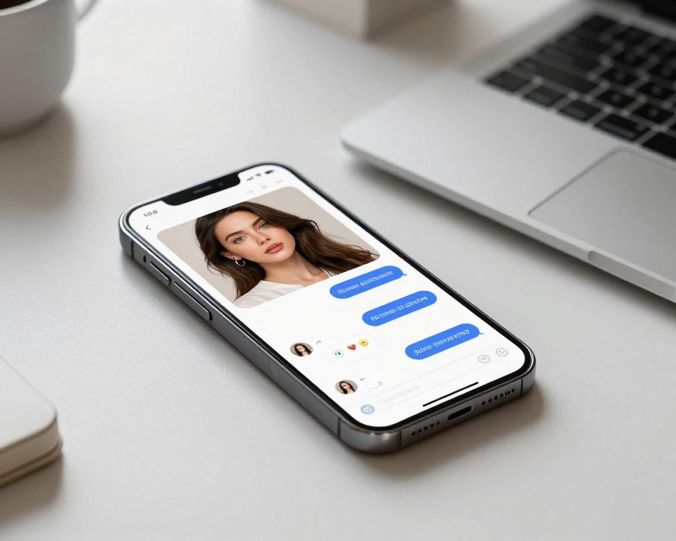 Modern smartphone displaying AI girlfriend apps interface with conversation bubbles and avatar