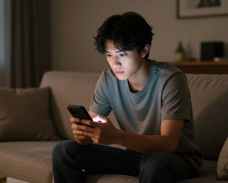 Person sitting alone in modern apartment looking at phone with warm lighting