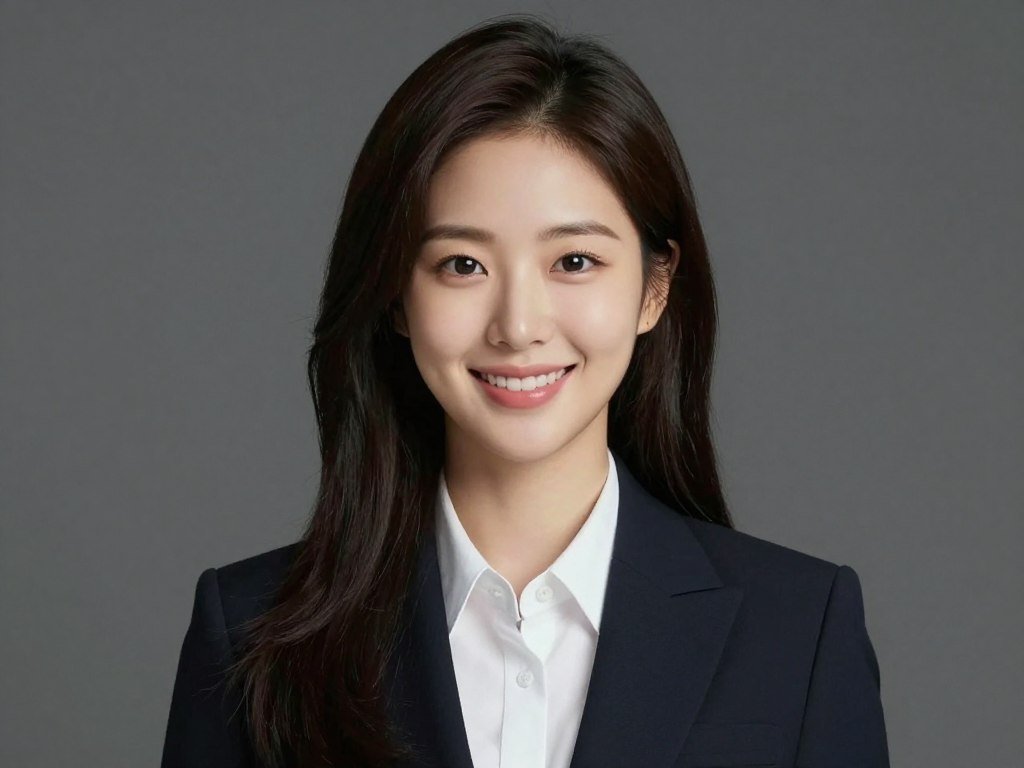 Photorealistic, 8k high-resolution image of a beautiful young Korean woman with a warm smile, wearing a modern silk blouse, soft studio lighting, consistent East Asian facial features, authentic beauty standards, cinematic background. Photorealistic, 8k high-resolution image of a beautiful young Korean woman with a warm smile, wearing a modern silk blouse, soft studio lighting, consistent East Asian facial features, authentic beauty standards, cinematic background.