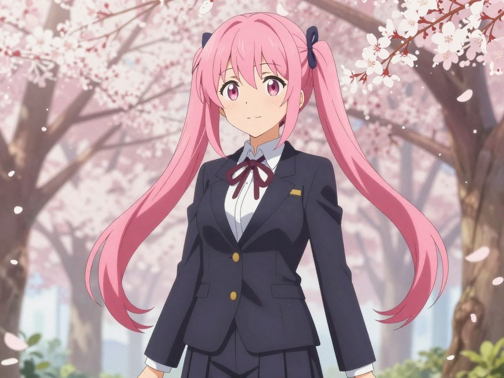A 2D anime-style illustration of a tsundere character with pink twin-tails standing under falling cherry blossoms, professional seiyuu-inspired aesthetic. A 2D anime-style illustration of a tsundere character with pink twin-tails standing under falling cherry blossoms, professional seiyuu-inspired aesthetic.
