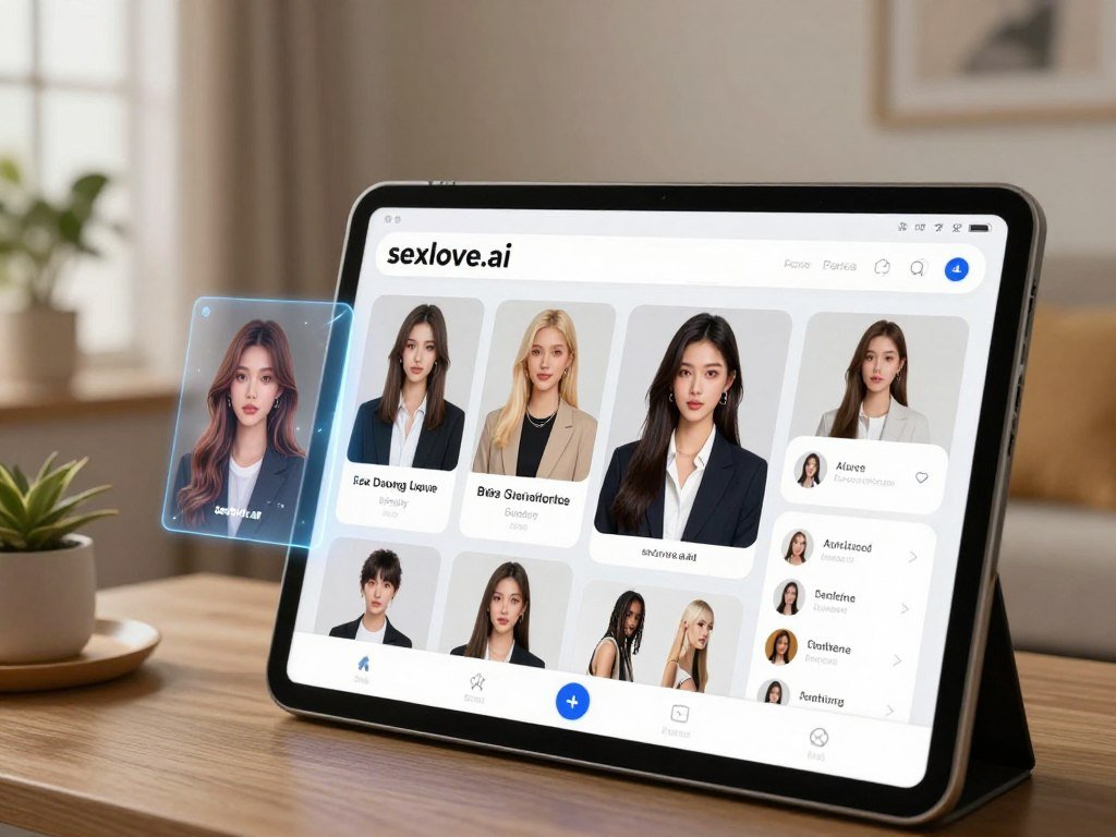 A beautifully designed interface showcasing various customization options for a virtual AI girlfriend, highlighting diverse attributes like hairstyle, clothing, and accessories. In the foreground, a sleek, user-friendly digital screen displays vibrant images of a stylish AI character in professional business attire, with options for hair color, outfits, and facial features. In the middle ground, subtle holographic effects reveal additional choices, enhancing the sense of interactivity. The background features a cozy room ambiance, softly lit with warm light, adorned with decorative plants and elegant furniture. The overall mood is modern and inviting, exemplifying the personalization experience of "sexlove.ai." The perspective is slightly angled to emphasize depth and engagement, creating an immersive visual appeal that draws the viewer into the customization process.