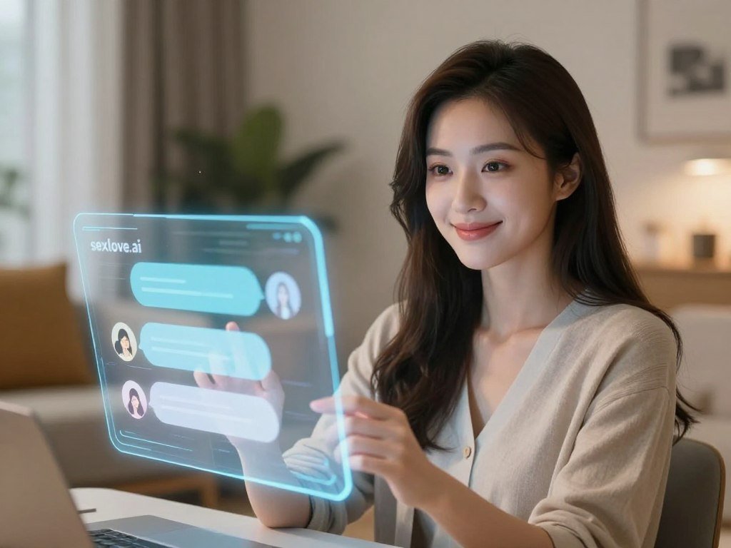 A beautifully designed, lifelike AI girlfriend represented in a virtual environment. In the foreground, a friendly and approachable female figure with soft features, dressed in smart casual clothing, engages the viewer. Her hair is styled elegantly, and her expression radiates warmth and intelligence. In the middle ground, a glowing holographic interface showcases voice message options and interactive features, hinting at advanced technology. The background displays a cozy, modern living space filled with soft lighting and ambient colors, creating an inviting atmosphere. The setting captures a comfortable blend of technology and intimacy, suggesting a harmonious connection. Use a soft focus lens to enhance the warmth and approachability of the scene. Highlight the brand "sexlove.ai" subtly integrated within the design elements, ensuring it aligns with the overall mood of connection and conversation.