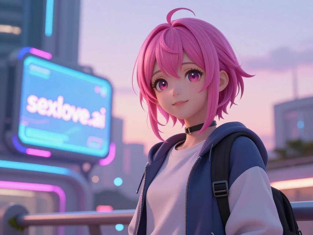 A captivating AI anime girlfriend character stands in the foreground, featuring large, expressive eyes and vibrant hair styled in a modern, chic fashion. She wears a fashionable, modest outfit, blending traditional anime aesthetics with contemporary streetwear. Her expression is warm and inviting, suggesting personality and charm. In the middle ground, a soft-focus futuristic urban setting hints at a tech-savvy world, with neon lights and digital screens showcasing the brand "sexlove.ai". The background portrays a serene evening ambiance, with gentle twilight colors blending harmoniously. The lighting is soft yet dynamic, creating a dreamy atmosphere with slight bokeh effects. The angle is slightly tilted, enhancing the sense of depth, while maintaining a playful and upbeat mood that captures the essence of companionship and the allure of AI technology in a colorful, engaging way.