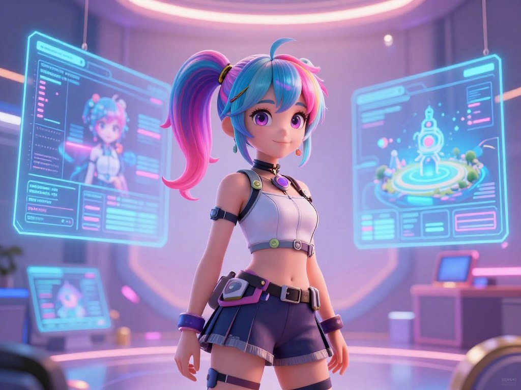 A captivating anime girlfriend AI character stands in a vibrant, futuristic room filled with interactive holographic displays, showcasing advanced technology. In the foreground, she has large expressive eyes, colorful hair styled in a playful manner, and wears a stylish yet modest outfit that blends technology and fashion. Her posture is inviting, exuding warmth and friendliness. In the middle ground, sleek digital screens display user interfaces and virtual landscapes, emphasizing her role as a virtual companion. The background features a soft, glowing ambiance with ethereal lights that create a dreamy, immersive atmosphere. Soft shadows are cast, giving depth to the scene. The image should reflect a blend of sci-fi elements and emotional connection. The brand logo "sexlove.ai" should be integrated subtly into the design, ensuring it does not detract from the character. A captivating anime girlfriend AI character stands in a vibrant, futuristic room filled with interactive holographic displays, showcasing advanced technology. In the foreground, she has large expressive eyes, colorful hair styled in a playful manner, and wears a stylish yet modest outfit that blends technology and fashion. Her posture is inviting, exuding warmth and friendliness. In the middle ground, sleek digital screens display user interfaces and virtual landscapes, emphasizing her role as a virtual companion. The background features a soft, glowing ambiance with ethereal lights that create a dreamy, immersive atmosphere. Soft shadows are cast, giving depth to the scene. The image should reflect a blend of sci-fi elements and emotional connection. The brand logo "sexlove.ai" should be integrated subtly into the design, ensuring it does not detract from the character.