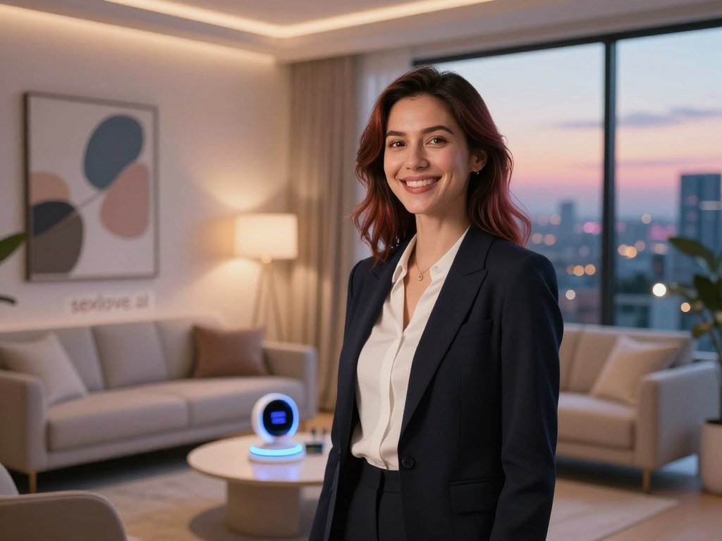 A captivating, dreamlike setting featuring a futuristic AI girlfriend companion, embodying warmth and empathy. In the foreground, she stands confidently, adorned in sleek, professional attire, her bright, inviting smile reflecting an understanding personality. Her hair flows softly, with vibrant colors subtly hinting at her advanced AI nature. In the middle ground, a high-tech, cozy living space with soft, ambient lighting enhances the atmosphere, complete with abstract art and futuristic gadgets symbolizing modern living. The background reveals a tranquil cityscape at dusk, wrapped in a soft glow of twilight. The overall mood is serene and uplifting, evoking a sense of companionship and emotional connection. The brand name "sexlove.ai" is subtly integrated into the scene&amp;apos;s design elements, ensuring a harmonious blend without detracting from the main focus.