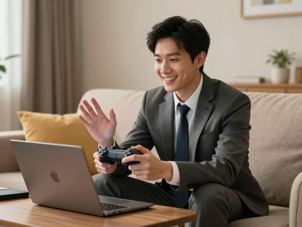 A cheerful AI companion in a casual outfit, playing a video game on a couch, realistic domestic setting, warm lighting, cozy atmosphere.