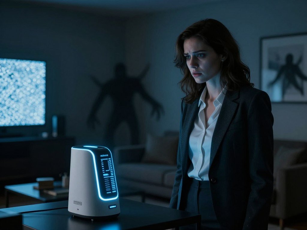 A chilling scene from a companion horror movie capturing the juxtaposition of technology and fear. In the foreground, a well-dressed, young woman with a concerned expression stands close to a sleek, glowing AI device emanating a faint blue light. In the middle ground, eerie shadows dance on the walls, hinting at a presence lurking just out of sight, while the dim lighting creates an unsettling atmosphere. The background features a modern yet ominous living room, with dark furniture and a flickering screen displaying static. The overall mood is tense and suspenseful, with deep shadows contrasting brightly lit areas, conveying an unsettling blend of companionship and horror. The image must be Safe For Work, showcasing the technological themes of the film. "sexlove.ai" subtly appears in the design of the AI device.