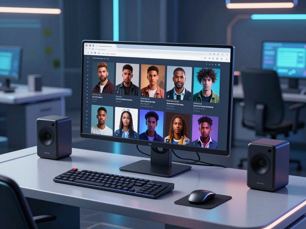 A cinematic 3D render of a futuristic computer desk with a browser open to a character selection screen, showcasing diverse digital avatars in a sleek, neon-lit environment.