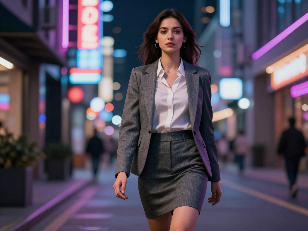 A cinematic shot of a virtual girl walking on a neon-lit street, high fashion outfit, detailed textures, hyper-realistic video style.