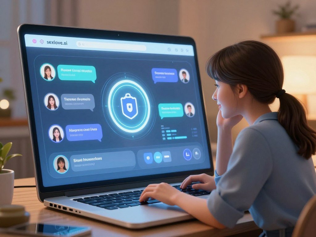 A conceptual illustration representing security and privacy on an AI girlfriend platform, featuring a sleek, modern digital interface on a laptop screen displaying interaction with an AI chatbot. In the foreground, a satisfied user, a young professional in smart casual attire, engages with the interface, showing a thoughtful expression. The middle layer includes soft glowing icons representing encryption and data protection, subtly integrated into the design. In the background, a cozy, tech-friendly environment illustrated with warm lighting and decorative elements that convey a sense of comfort and safety. Emphasize a harmonious blend of technology and a personal touch, creating a mood of trust and companionship. Showcase the brand name "sexlove.ai" elegantly within the interface. The overall atmosphere should feel inviting and secure, reflecting the importance of privacy in AI relationships.