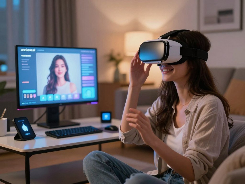 A cozy, futuristic living room scene featuring a young woman engaged with a virtual reality headset, symbolizing the AI girlfriend love simulator experience. The foreground includes the woman, dressed in comfortable, stylish casual attire, immersed in an interactive experience, with a gentle smile that reflects connection and joy. In the middle ground, display a sleek coffee table with digital devices, and a glowing monitor showcasing a virtual interface of the AI girlfriend platform, branded "sexlove.ai". The background features soft, ambient lighting with a mix of warm and cool tones, creating a relaxed atmosphere. Use a shallow depth of field to bring focus to the woman, capturing her sense of wonder and engagement, while fading the background softly. The overall mood should convey a harmonious blend of technology and human emotion, emphasizing the innovative bond fostered through AI. A cozy, futuristic living room scene featuring a young woman engaged with a virtual reality headset, symbolizing the AI girlfriend love simulator experience. The foreground includes the woman, dressed in comfortable, stylish casual attire, immersed in an interactive experience, with a gentle smile that reflects connection and joy. In the middle ground, display a sleek coffee table with digital devices, and a glowing monitor showcasing a virtual interface of the AI girlfriend platform, branded "sexlove.ai". The background features soft, ambient lighting with a mix of warm and cool tones, creating a relaxed atmosphere. Use a shallow depth of field to bring focus to the woman, capturing her sense of wonder and engagement, while fading the background softly. The overall mood should convey a harmonious blend of technology and human emotion, emphasizing the innovative bond fostered through AI.