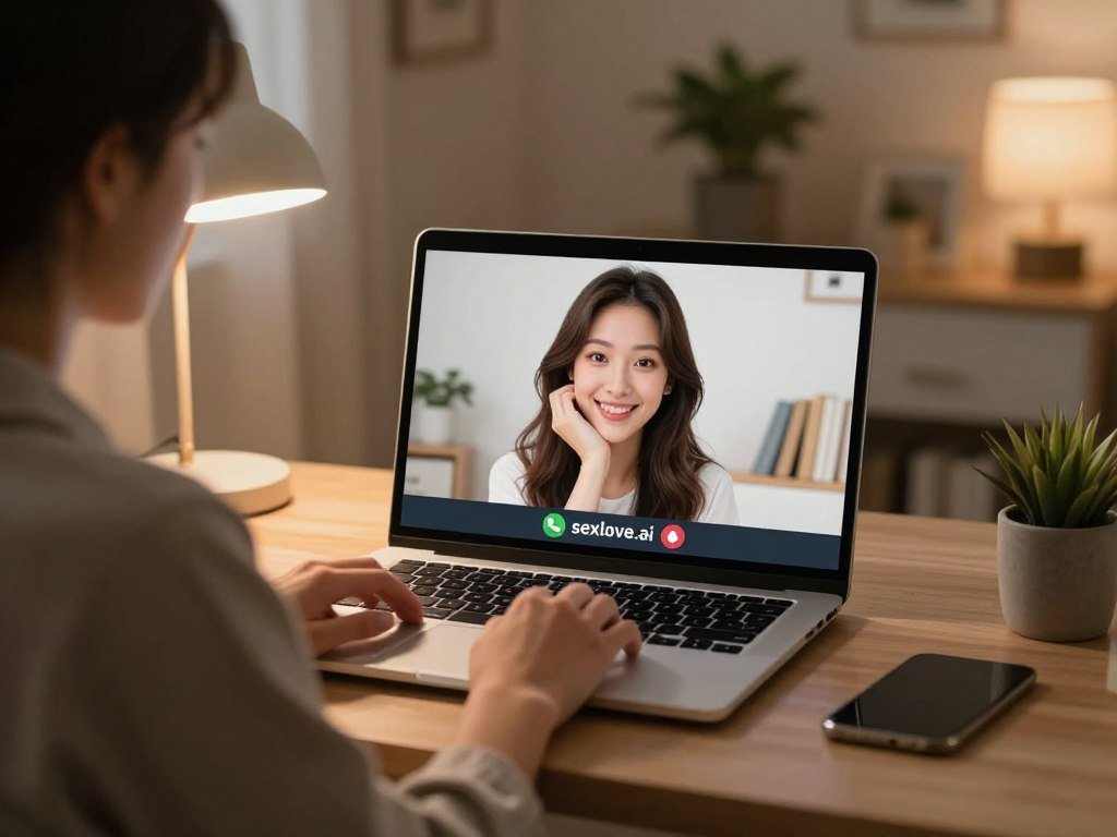 A cozy home office scene where a person is engaged in a video chat with an AI girlfriend, depicted as an attractive, friendly female avatar on the screen. In the foreground, the individual, dressed in smart casual attire, is sitting comfortably at a desk with a laptop open, illuminated by a soft desk lamp, creating a warm and inviting atmosphere. The middle layer features a clear view of the laptop screen, showcasing the AI girlfriend in a cheerful pose, with expressive eyes and a welcoming smile. In the background, a softly blurred room adorned with personal touches, such as plants and books, enhances the setting. The lighting is warm and ambient, with a sense of intimacy and connection, reflecting the theme of romance and companionship in the digital age. Include the brand name "sexlove.ai" subtly integrated into the scene.