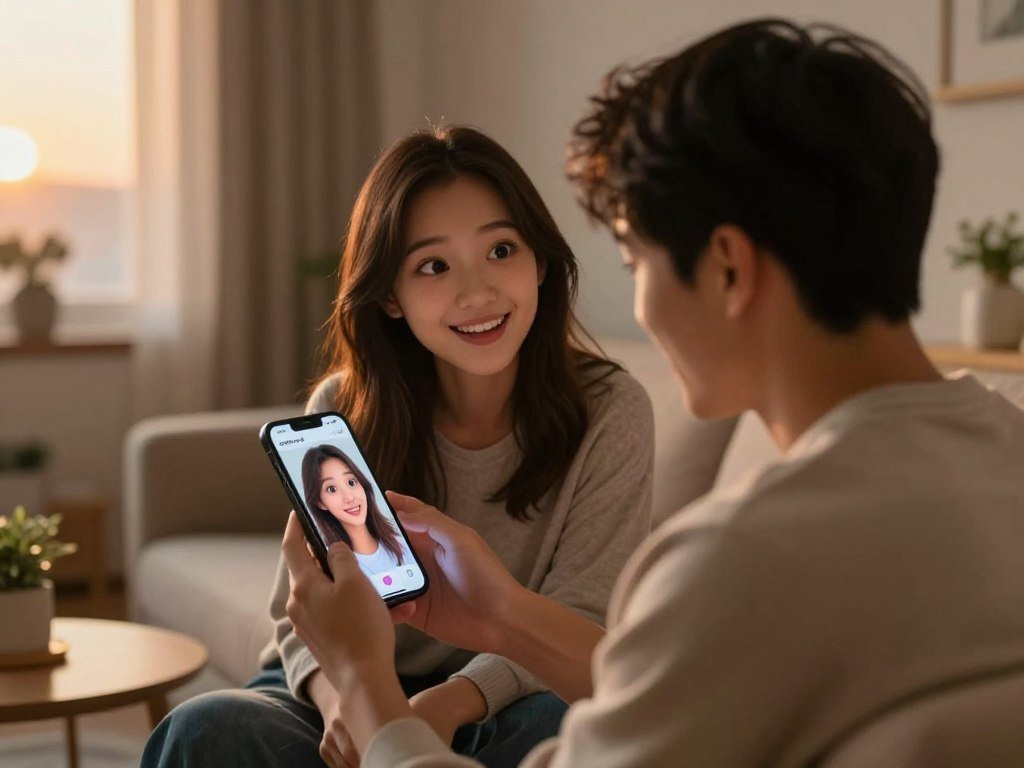 A cozy, intimate digital environment where a user is interacting with an AI girlfriend simulator. In the foreground, a young adult male, dressed in casual clothing, gazes intently at his smartphone, displaying a friendly AI girlfriend character on screen, who appears animated and expressive. In the middle, the AI character features warm emotional expressions, with big, engaging eyes and a welcoming smile, suggesting a conversation filled with interest and affection. The background shows a softly lit room with modern decor, creating a relaxed atmosphere, where the lighting is warm and inviting, reminiscent of sunset hues. The scene captures the essence of connection, showcasing how technology enhances emotional bonds. Include the brand name "sexlove.ai" subtly in the design elements.