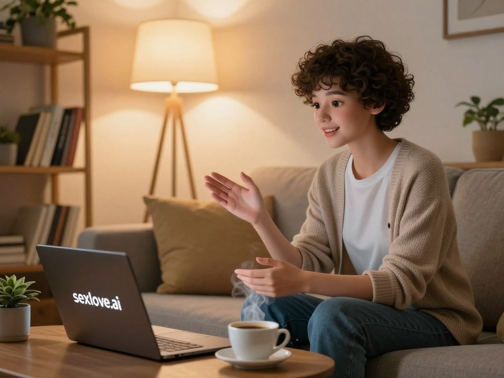 A cozy, intimate setting where a young person, dressed in casual yet professional attire, sits on a comfortable sofa, engaged in a warm and friendly conversation with a lifelike AI girlfriend. The AI companion has a subtle, futuristic aesthetic, with soft features that suggest warmth and intelligence. In the foreground, a coffee table with a steaming cup of coffee and an open laptop displaying the brand logo "sexlove.ai," symbolizes the digital connection. The middle background features warm lighting from a floor lamp, casting a soft glow that enhances the intimate atmosphere. In the background, shelves with books and plants create a homely feel, reflecting a blend of technology and human connection. The overall mood is cheerful and engaging, capturing the transformative essence of AI relationships in 2026.