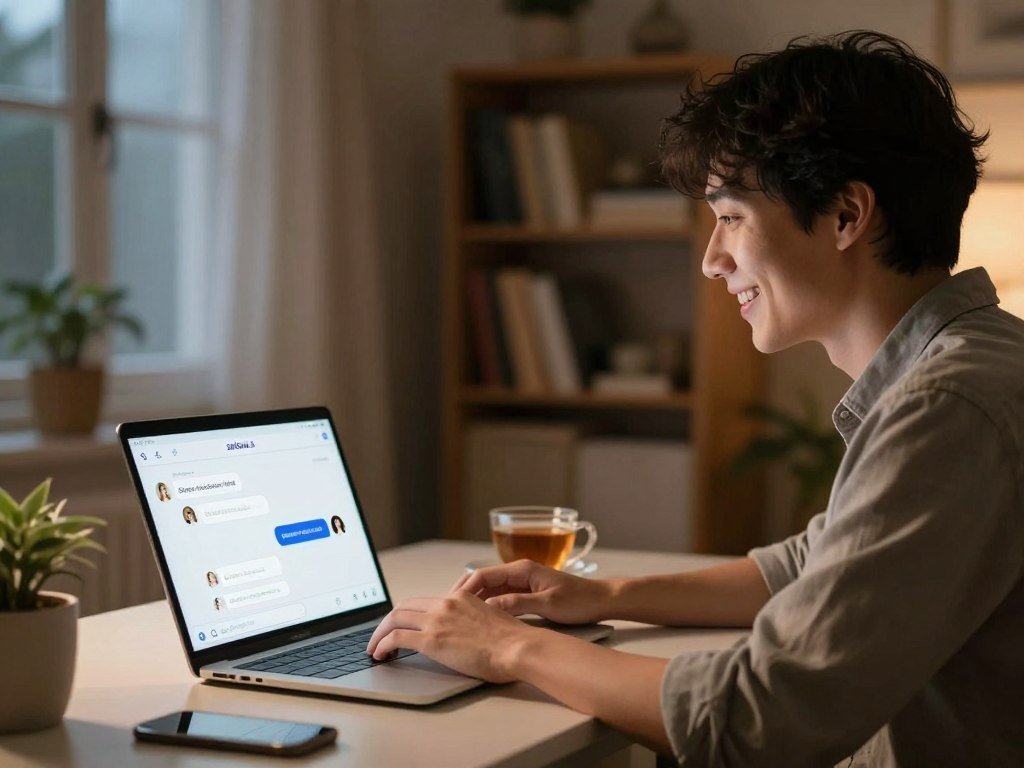A cozy, inviting room illuminated by soft, warm lighting in the evening. In the foreground, a person in smart casual attire, appearing friendly and approachable, sits at a desk with a laptop open, displaying an engaging AI chat interface. The individual has a look of excited anticipation, as if preparing for their first chat. In the middle ground, a subtle hint of decorative elements, like a potted plant and a cup of tea, adds to the comfort of the space. The background features a blurred bookshelf filled with books and a window with curtains, hinting at a peaceful outside view. The overall mood is relaxed and optimistic, emphasizing a welcoming atmosphere for friendly conversations. The brand name "sexlove.ai" appears subtly in the digital interface on the laptop screen, suggesting the platform for the AI chat experience.