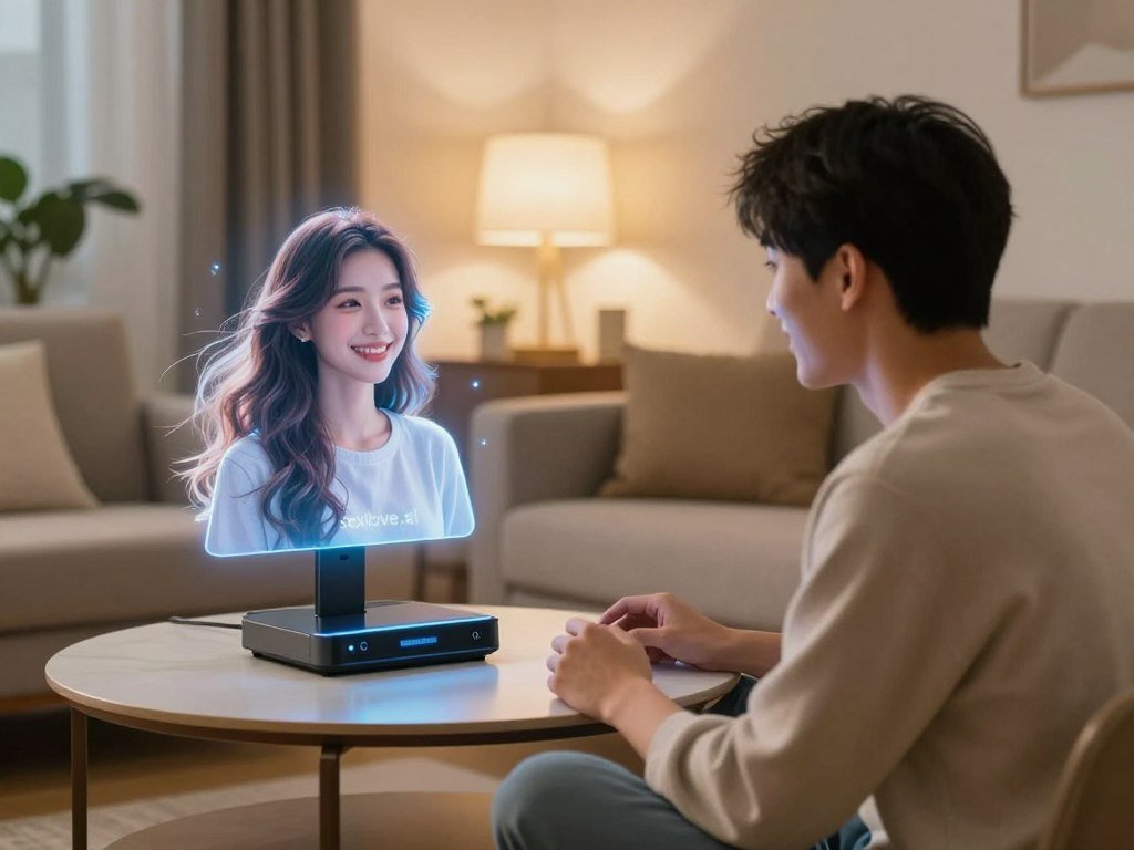 A cozy living room setting that captures a scene of visual interaction between a person and their AI girlfriend. In the foreground, a young adult in smart casual attire is engaged with a personalized holographic avatar of their AI girlfriend, displaying a warm, friendly smile. The avatar should be vibrant with flowing hair and an inviting appearance, illuminated by soft, diffused light. In the middle ground, a sleek, modern coffee table features a high-tech device facilitating the interaction. In the background, gentle warm lighting creates an intimate atmosphere, with stylish decor and plants enhancing the environment. The overall mood conveys warmth, connection, and technological harmony, inviting viewers to explore the essence of virtual relationships. The brand name "sexlove.ai" subtly appears in the room&amp;apos;s decor.
