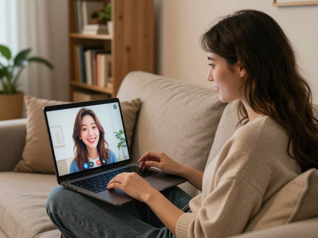 A cozy, modern living room setting, featuring a young woman in stylish casual clothing, sitting on a comfortable sofa while engaging in a video call with an AI girlfriend on her laptop. The screen vividly displays a friendly, animated avatar of the AI girlfriend, depicted with warm colors and a welcoming smile, exuding a sense of companionship. Soft, ambient lighting creates a warm and inviting atmosphere, reflecting a sense of connection and intimacy. In the background, shelves filled with books and plants enhance the homely feel. The camera angle captures the interaction closely, focusing on the woman&amp;apos;s thoughtful expression and the glowing laptop screen, emphasizing the emotional bond being formed. The scene illustrates the comfort and joy of AI companionship, branded with "sexlove.ai" subtly in the laptop&amp;apos;s interface.