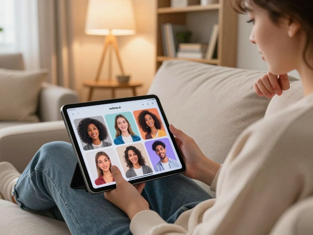 A cozy, modern living room setting where a person sits comfortably on a plush couch, engaging with an AI girlfriend app on a sleek tablet. The foreground features the individual, dressed in modest casual clothing, showing a thoughtful expression while scrolling through vibrant images of digital companions. In the middle, the tablet displays various AI avatars, each showcasing diverse appearances and styles, symbolizing emotional support. The background includes soft lighting from a stylish lamp, warm colors on the walls, and shelves filled with books and plants, creating an inviting atmosphere. The overall mood is uplifting and introspective, emphasizing connection and companionship. The brand "sexlove.ai" is subtly integrated within the app interface on the tablet screen. A cozy, modern living room setting where a person sits comfortably on a plush couch, engaging with an AI girlfriend app on a sleek tablet. The foreground features the individual, dressed in modest casual clothing, showing a thoughtful expression while scrolling through vibrant images of digital companions. In the middle, the tablet displays various AI avatars, each showcasing diverse appearances and styles, symbolizing emotional support. The background includes soft lighting from a stylish lamp, warm colors on the walls, and shelves filled with books and plants, creating an inviting atmosphere. The overall mood is uplifting and introspective, emphasizing connection and companionship. The brand "sexlove.ai" is subtly integrated within the app interface on the tablet screen.