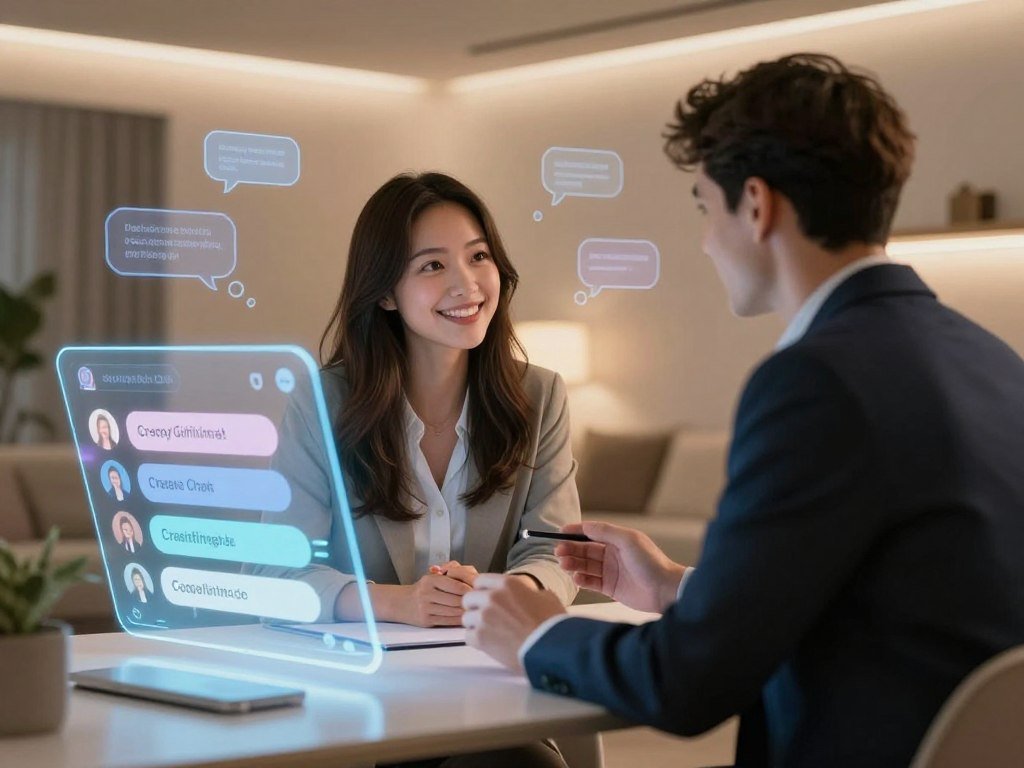 A cozy, modern virtual environment showcasing a Virtual Girlfriend AI interaction. In the foreground, a sleek and intuitive user interface highlights key features like personalized chat options, emotion recognition, and companionship tools, displayed on a futuristic holographic screen. In the middle, a friendly, feminine AI avatar with a warm, approachable expression interacts with a user in professional business attire, emphasizing a sense of connection and support. The background features a softly lit, inviting space with digital elements like chat bubbles and icons subtly integrated into a stylish interior. The overall mood conveys warmth, innovation, and companionship, with soft, ambient lighting capturing a sense of comfort and engagement. Render this scene with a focus on clarity and detail, using a wide-angle view to create an immersive experience. Include branding elements for "sexlove.ai" in a discreet manner.